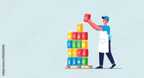 Smiling grocery worker stocking colorful beverage cartons on a wooden pallet