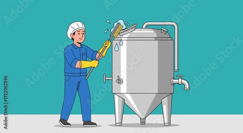 Industrial worker meticulously cleaning a large stainless steel tank with a brush and soap, ensuring pristine hygiene standards.