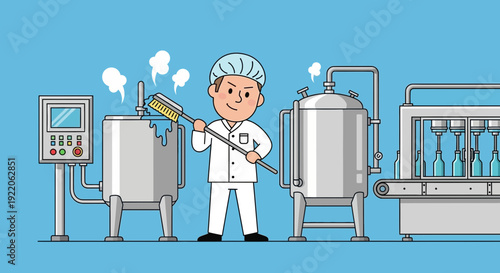 Factory worker cleans large stainless steel tanks with a brush, maintaining industrial production and hygiene standards.