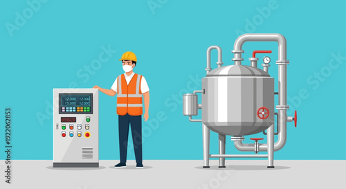 Industrial worker in safety gear operating machinery at a factory plant