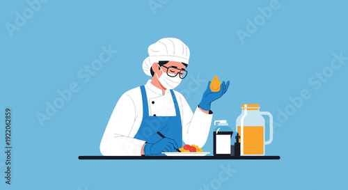 Chef wearing mask and gloves meticulously preparing a dish with fruit and tomatoes on a plate