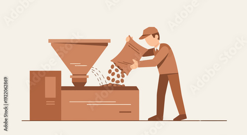 A worker in a flat illustration style, pouring coffee beans from a sack into an industrial machine
