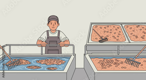 Food processing worker managing tanks of raw ingredients with tools in an industrial setting