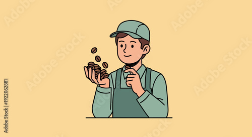 A barista inspecting coffee beans, holding a handful of fresh beans, showcasing quality and aroma.