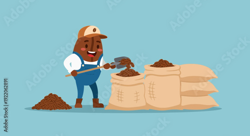 A cute coffee bean farmer character scoops freshly harvested beans into large burlap sacks for storage and distribution.