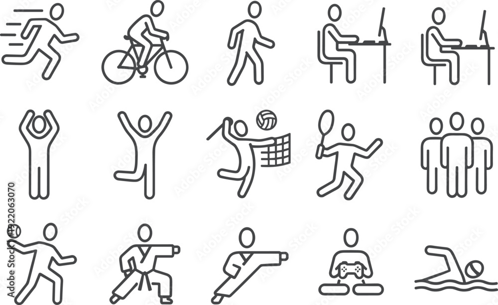 Fototapeta premium Human activity icons, sports exercise, fitness recreation, cycling running walking, computer work, gaming leisure, swimming tennis volleyball, martial arts silhouette illustration