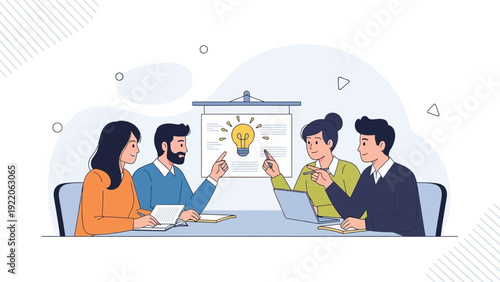 Team brainstorming ideas in a meeting, presenting a new concept with a lightbulb.
