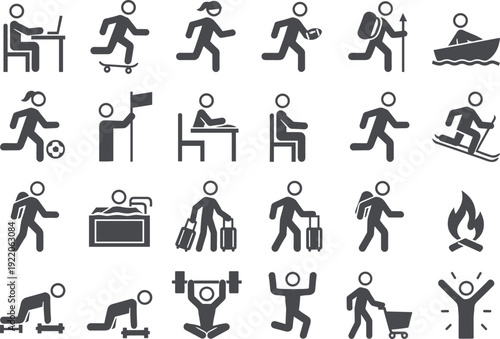 Human activity icons, sports recreation, fitness exercise, travel luggage, hiking backpack, studying desk, shopping cart, celebration silhouette, lifestyle illustration