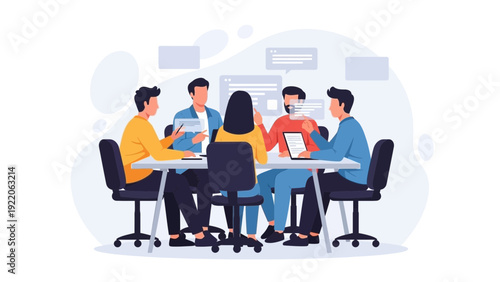 Teamwork meeting, business people collaborating around a table, flat design illustration