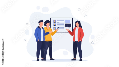 Teamwork presentation: colleagues discussing project on whiteboard, modern flat illustration