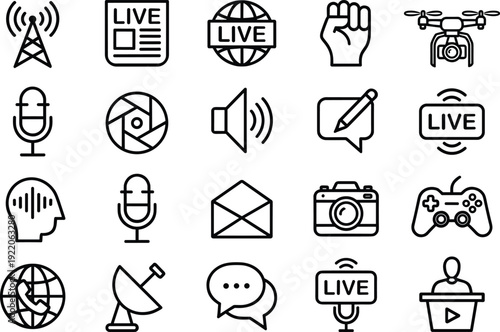 Media communication icons set, broadcasting symbols, live streaming, journalism tools, podcast microphone, satellite dish, global news, digital communication, modern media, social interaction