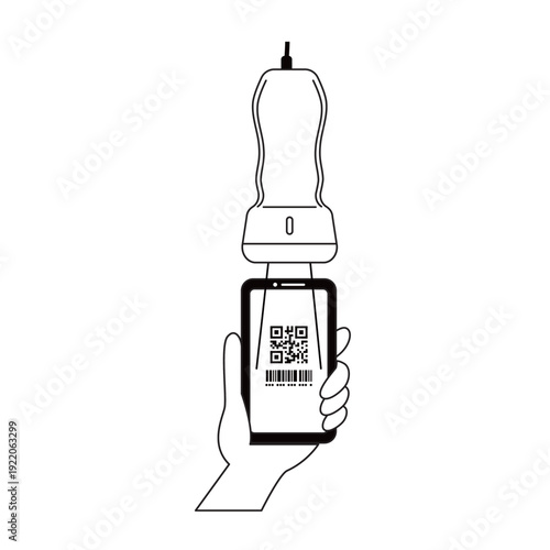 モノクロイラスト | スマートフォンのQRコードを専用スキャナーで読み取る手元の動作 | キャッシュレス決済アイコン