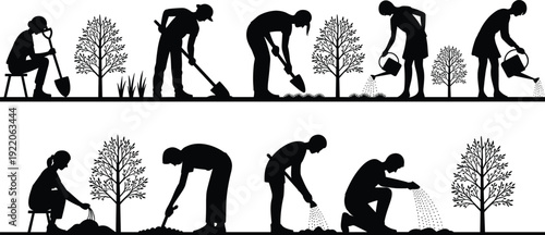 Gardening people silhouettes set, planting trees and watering plants, landscaping and agriculture workers collection, black vector illustration isolated on white background, nature environment concept