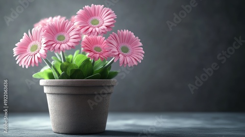 Pink gerbera daisies in a clay plant