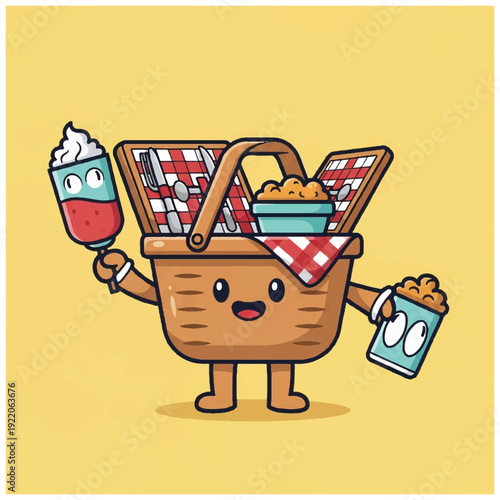 Cartoon Picnic Basket Character Holding Food.