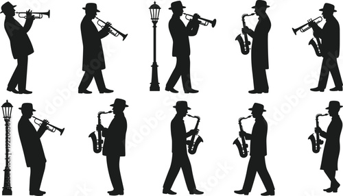 Jazz musician silhouettes collection, trumpet and saxophone players walking near vintage street lamp isolated on white background music vector illustration set