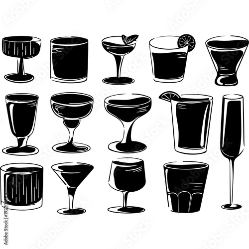Cocktail set silhouette vector black Silhouettes various alcohol cocktail glasses bar set. Black Isolated Glasses of wine, glasses of beer, bar bottles and shot glasses
