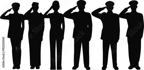 Male and female military officers saluting silhouette set, army personnel vector illustration isolated on white background for patriotism and national defense concept