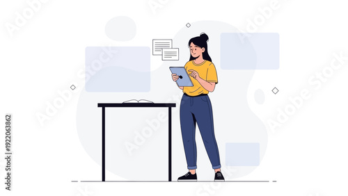 Woman working on tablet at table, modern flat design illustration