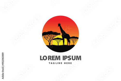 African Safari Giraffe Sunset Logo