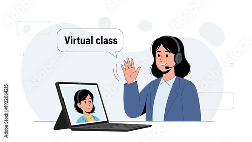 Woman teaching online class via laptop, virtual learning, remote education