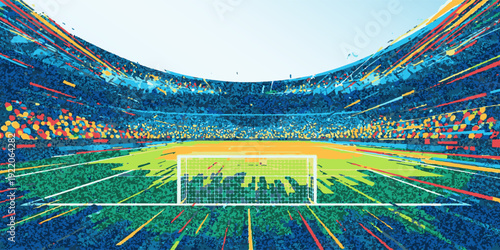Modern and abstract illustration of a soccer field with a ball, designed with geometric shapes and lines for a sports background.
