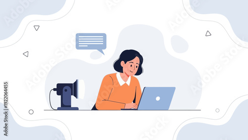 Woman working late on laptop with desk lamp, communication bubble