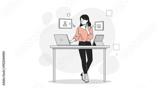 Woman Working on Laptop and Tablet at Desk