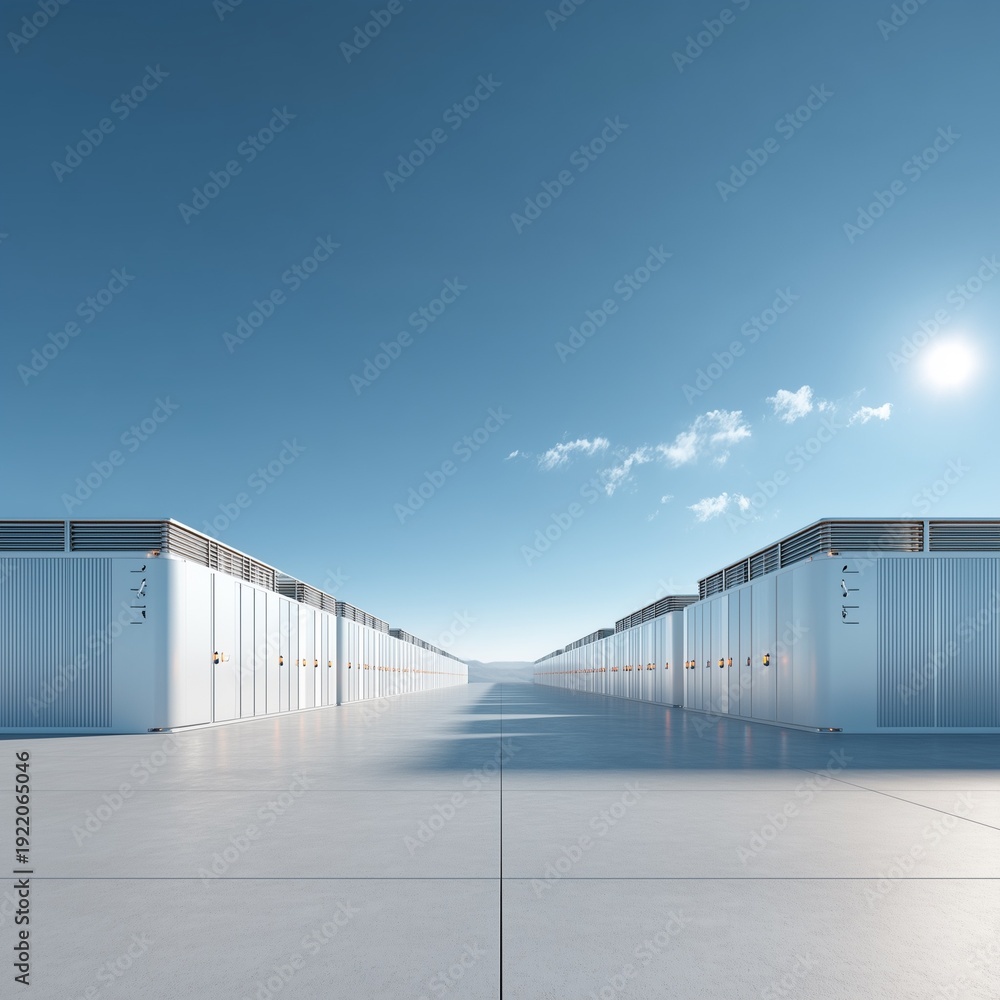 Obraz premium Modern Industrial Storage Buildings Under Clear Blue Sky