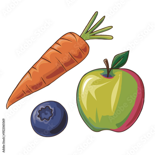 Assorted fruits and vegetables including a carrot, apple, and blueberry isolated on white background, Vector, illustration