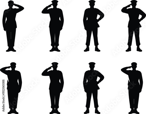 Military officer salute silhouette set, uniformed police and army personnel standing in formal respect pose isolated vector illustration