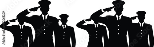 Military officers saluting silhouette group, formal uniformed commanders showing respect and honor, black vector illustration isolated on white background, design collection