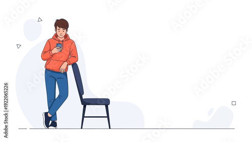 Young man in hoodie using smartphone, leaning on chair, modern flat illustration