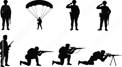 Military soldier silhouette collection with parachute landing and sniper positions, armed army troops in tactical combat poses isolated vector illustration