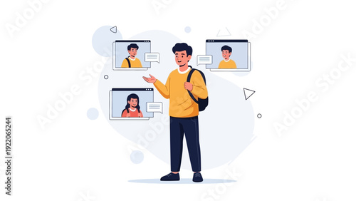 Young man in online meeting with classmates, remote learning concept