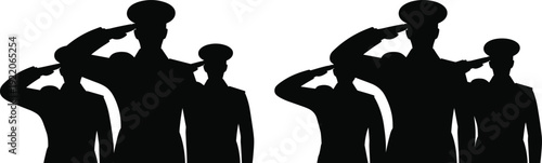 Military officers saluting silhouette group, uniformed army leaders expressing respect and honor, ceremonial command concept, black vector illustration isolated on white background