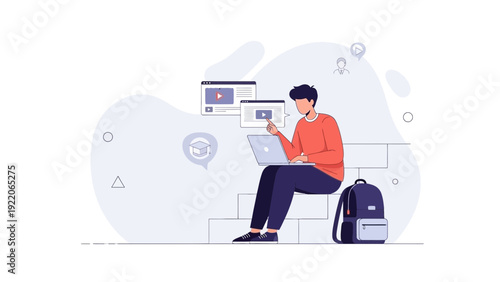 Young man learning online with laptop and video lessons, modern education concept