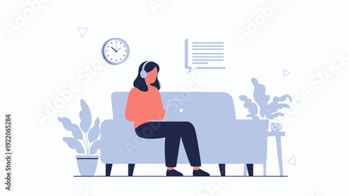 Woman Working Remotely on Laptop at Home, Relaxed Casual Lifestyle