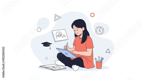 Young Girl Drawing and Learning, Creative Education Concept