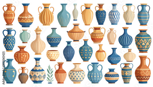 Vibrant collection of ancient ceramic vases in varied shapes and colors isolated on transparent background