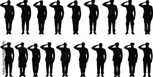 Military soldiers saluting silhouette set, army men and women standing in uniform, respect honor concept, black vector illustration isolated on white background