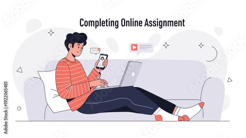 Young Man Completing Online Assignment on Laptop and Phone
