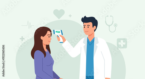 Modern healthcare flat illustration showing a medical doctor performing temperature screening with a digital thermometer. Medical examination, clinic visit concept, simple shapes, smooth lines, profes