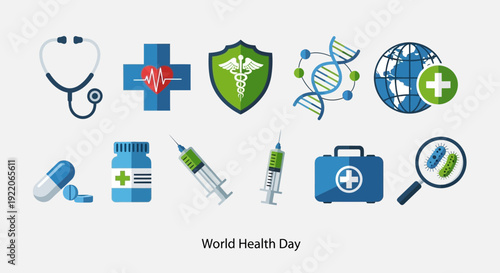 Medical icons for World Health Day with stethoscope and syringe