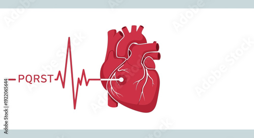 Detailed illustration of human heart with ECG waveform and PQRST label