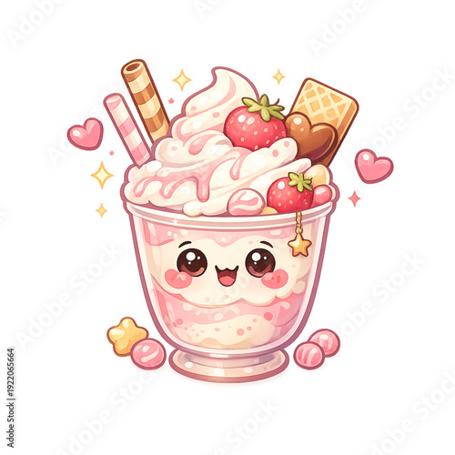 kawaii ice cream sundae delight, cute ice cream sundae illustration, chibi dessert bowl character, pastel kawaii ice cream art, adorable sundae with cherry on top, sweet dessert mascot design, smiling