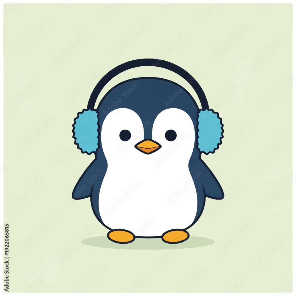 Naklejka premium Cartoon Penguin Wearing Headphones Earmuffs.