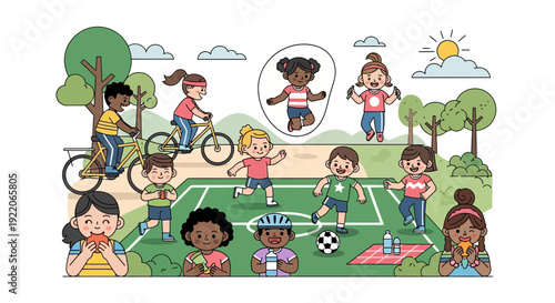 Diverse kids enjoying outdoor games and activities in sunny park