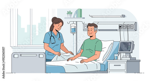 Nurse caring for smiling patient in modern hospital room