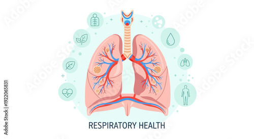 Flat vector illustration of respiratory health concept featuring human lungs with trachea and detailed bronchial system in the center, surrounded by medical and wellness icons. Clean minimal design, s